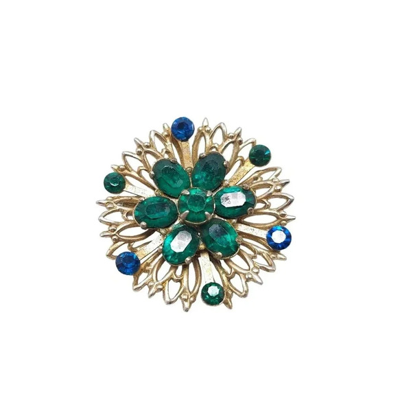 Coro Blue Green Rhinestone Crystal Openwork Flower Brooch Pin Gold Tone Vintage - Picture 1 of 4